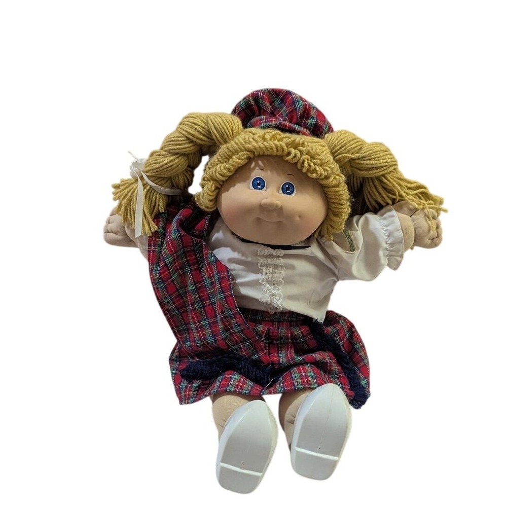 Vintage 1985 Cabbage Patch Kids Doll Blonde Pigtails Plaid Outfit Xavier Roberts